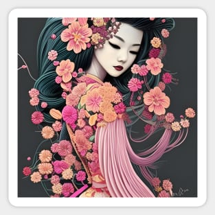 Beaux Animes Art Fantasy Japanese Geisha Girl with flowers Illustration Design Sticker